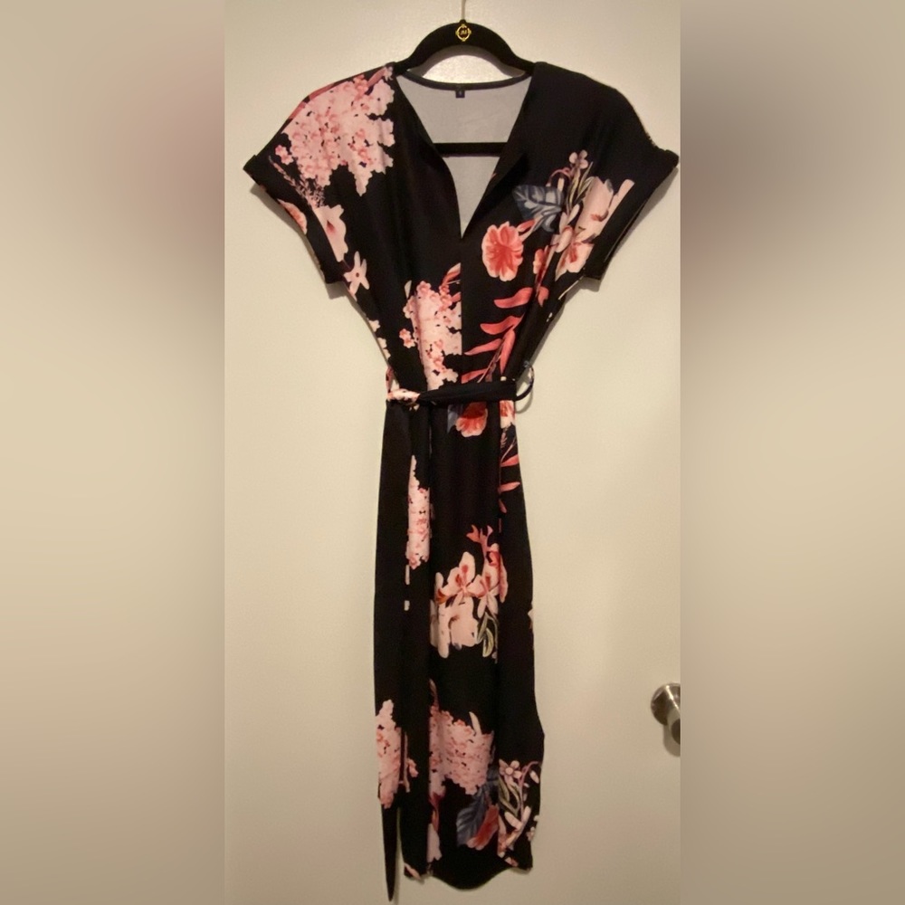 Never worn Amazon Black floral v neck midi dress with tie